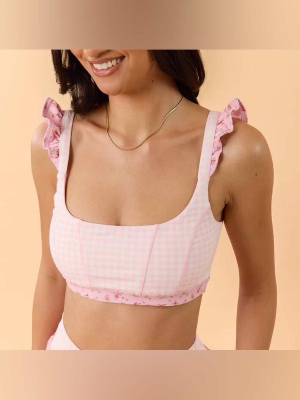 Bloglaties (POPFLEX) Pink Gingham Floral-Trim Sports Bra, small